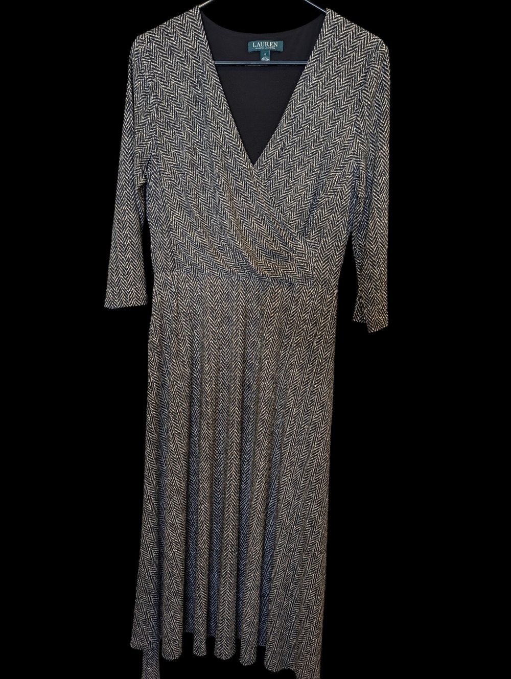 Lauren Ralph Lauren Black/White Herringbone Knit Wrap V-Neck Midi Dress Size 8 - Picture 2 of 6